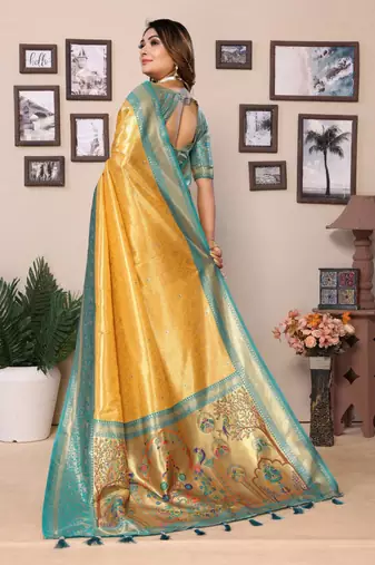 Dark golden tissue silk blend with weaving saree with blouse