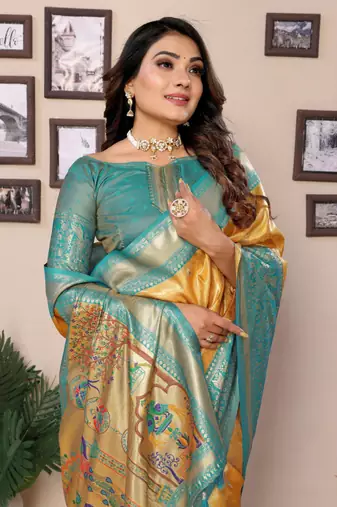 Dark golden tissue silk blend with weaving saree with blouse