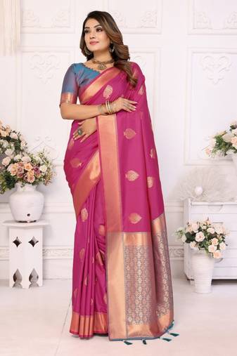 Rani pink silk weaving saree with blouse