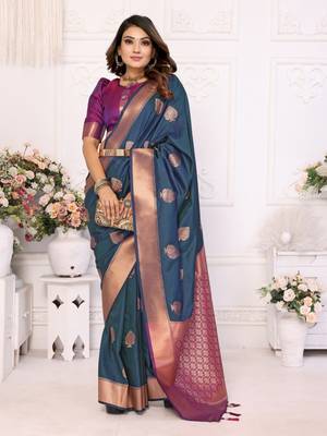 Navy blue silk blend weaving saree with blouse 1