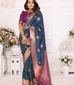 Navy blue silk blend weaving saree with blouse
