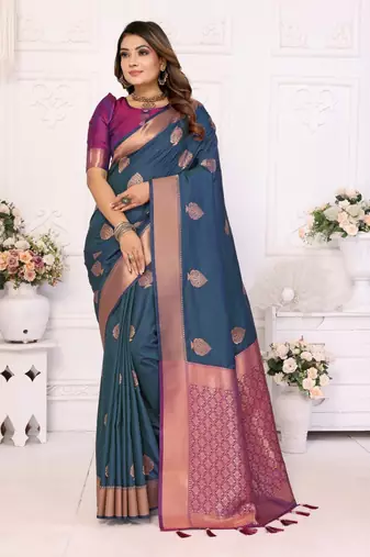 Navy blue silk blend weaving saree with blouse