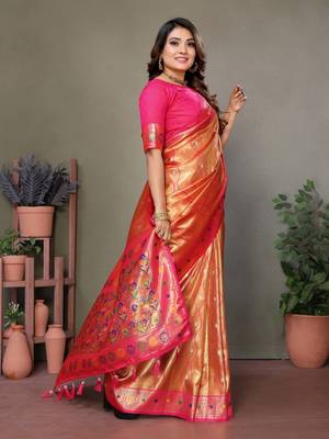 Orange tissue silk blend with weaving saree with blouse 2