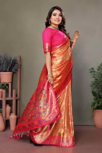 Orange tissue silk blend with weaving saree with blouse