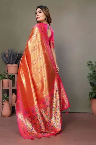 Orange tissue silk blend with weaving saree with blouse