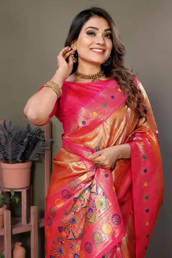 Orange tissue silk blend with weaving saree with blouse