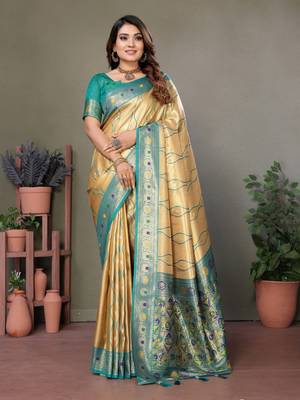 Golden tissue silk blend with weaving saree with blouse 1
