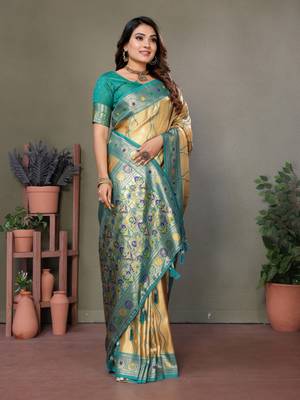 Golden tissue silk blend with weaving saree with blouse 2