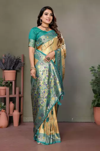 Golden tissue silk blend with weaving saree with blouse