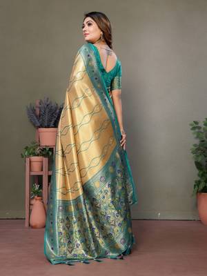 Golden tissue silk blend with weaving saree with blouse 3