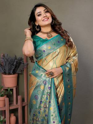 Golden tissue silk blend with weaving saree with blouse 4