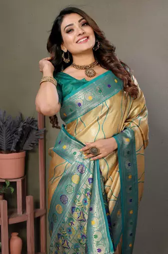 Golden tissue silk blend with weaving saree with blouse