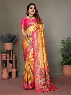 Golden tissue silk blend with weaving saree with blouse 1