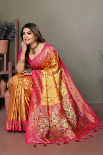 Golden tissue silk blend with weaving saree with blouse
