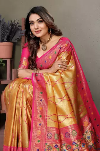 Golden tissue silk blend with weaving saree with blouse