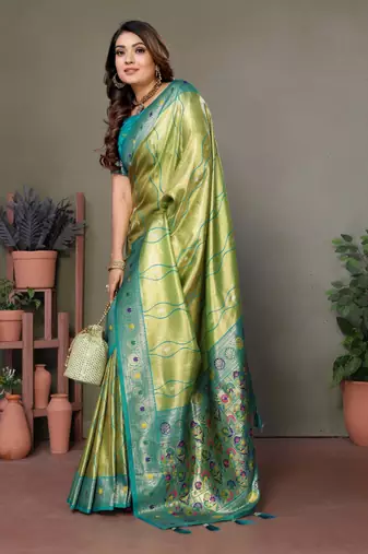 Light green tissue silk blend with weaving saree with blouse