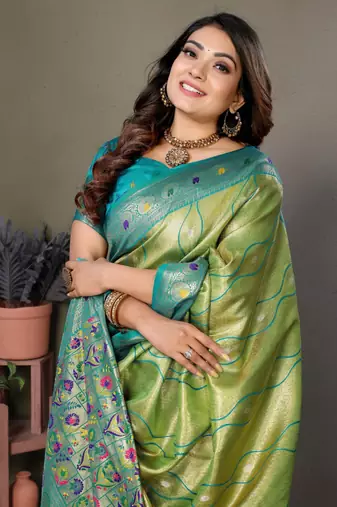 Light green tissue silk blend with weaving saree with blouse