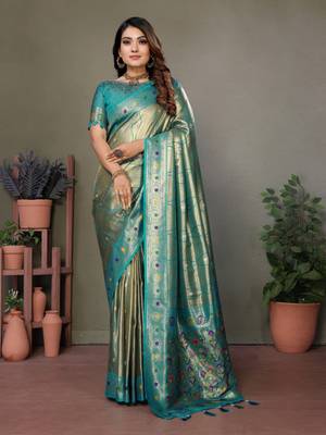 Green tissue silk blend with weaving saree with blouse 1