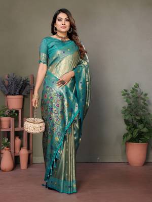 Green tissue silk blend with weaving saree with blouse 2