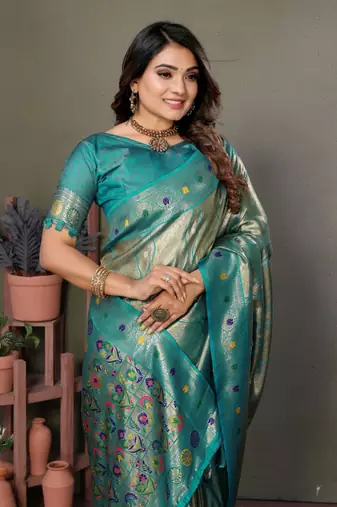 Green tissue silk blend with weaving saree with blouse