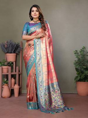 Light red tissue silk blend with weaving saree with blouse 1