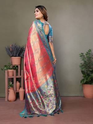 Light red tissue silk blend with weaving saree with blouse 2