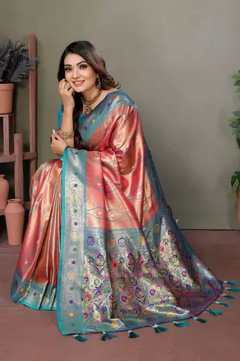Light red tissue silk blend with weaving saree with blouse