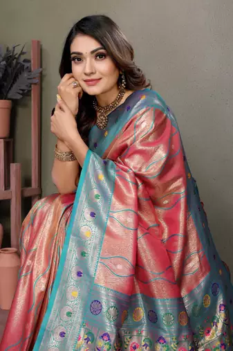 Light red tissue silk blend with weaving saree with blouse