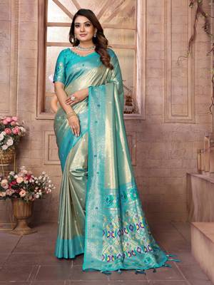 Blue tissue silk blend with weaving saree with blouse 1