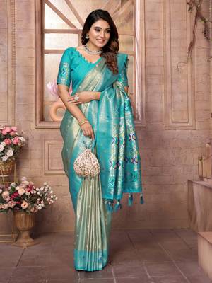 Blue tissue silk blend with weaving saree with blouse 2