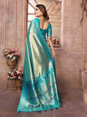 Blue tissue silk blend with weaving saree with blouse 3