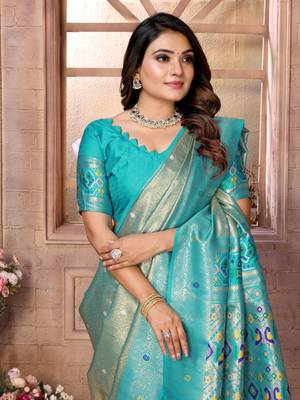 Blue tissue silk blend with weaving saree with blouse 4