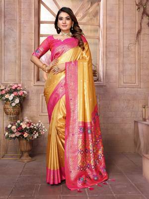 Golden tissue silk blend with weaving saree with blouse 1