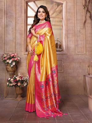 Golden tissue silk blend with weaving saree with blouse 2