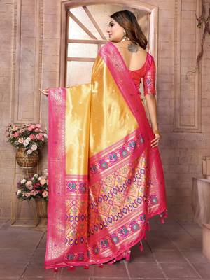 Golden tissue silk blend with weaving saree with blouse 3