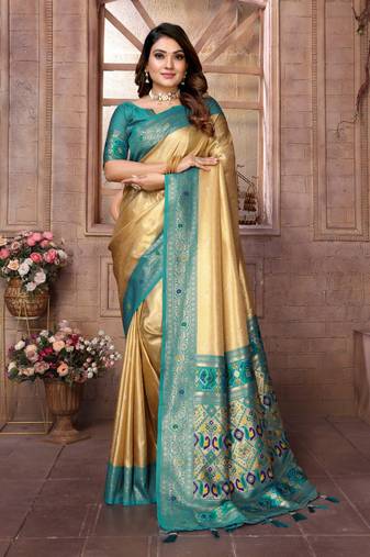 Dark golden tissue silk with weaving saree with blouse