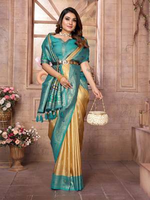Dark golden tissue silk blend with weaving saree with blouse 2