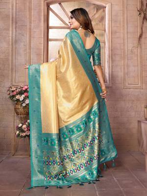 Dark golden tissue silk blend with weaving saree with blouse 3