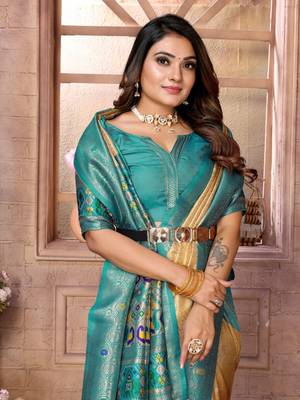 Dark golden tissue silk blend with weaving saree with blouse 4