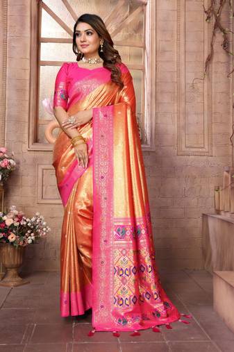 Dark golden tissue silk with weaving saree with blouse
