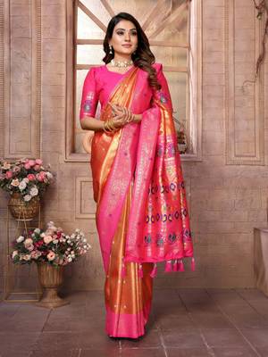 Dark golden tissue silk blend with weaving saree with blouse 2