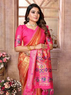 Dark golden tissue silk blend with weaving saree with blouse 4