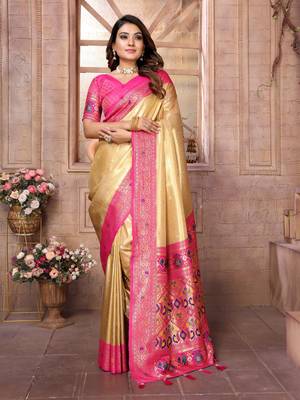 Light golden tissue silk blend with weaving saree with blouse 1
