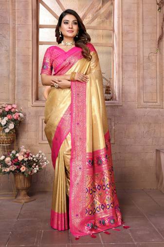 Light golden tissue silk with weaving saree with blouse