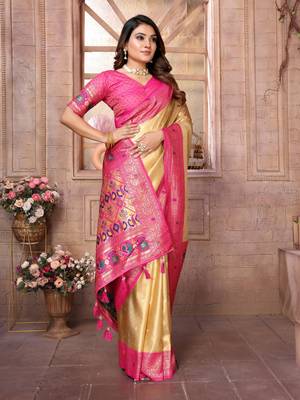 Light golden tissue silk blend with weaving saree with blouse 2