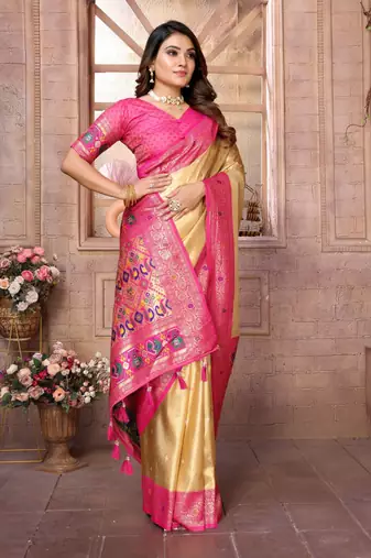 Light golden tissue silk blend with weaving saree with blouse