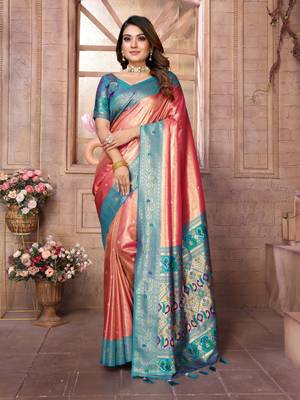Light red tissue silk blend with weaving saree with blouse 1