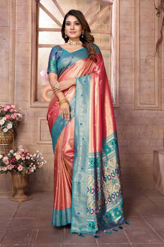 Light red tissue silk with weaving saree with blouse