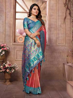 Light red tissue silk blend with weaving saree with blouse 2