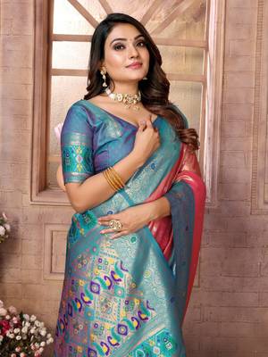 Light red tissue silk blend with weaving saree with blouse 4